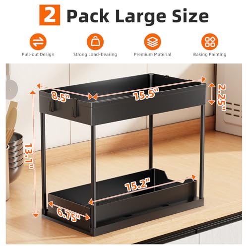 Simple Trending Under Sink Organizer 2 Pack, Sink Pull-Out Sliding Storage Cabinet, 2-Tier Under Shelf Organizer for Kitchen Bathroom, Black - color: Black, size: 2 pack
