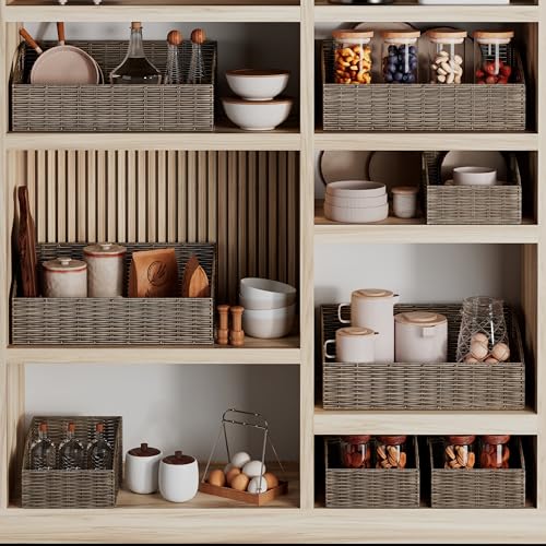Ollieroo Rattan Storage Baskets, Handwoven Wicker Storage Bins with Built-in Handles, Storage Container Baskets for Shelves, Bedroom, Bathroom, Laundry Room or Kitchen(Brown) - color: Brown