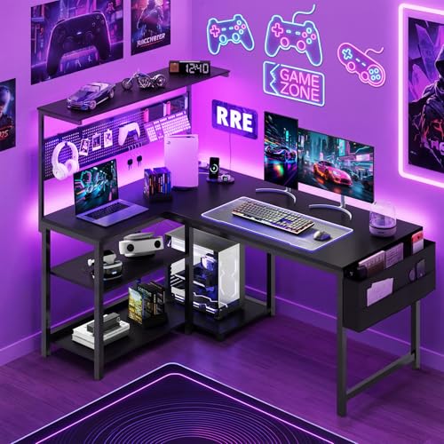 Apicizon L Shaped Desk Gaming Desk with LED Light & Power Outlet, 47 Inch Reversible Computer Desk with Pegboard & Shelf & Storage Bag for Home Office, Black - color: Black, size: 48 in
