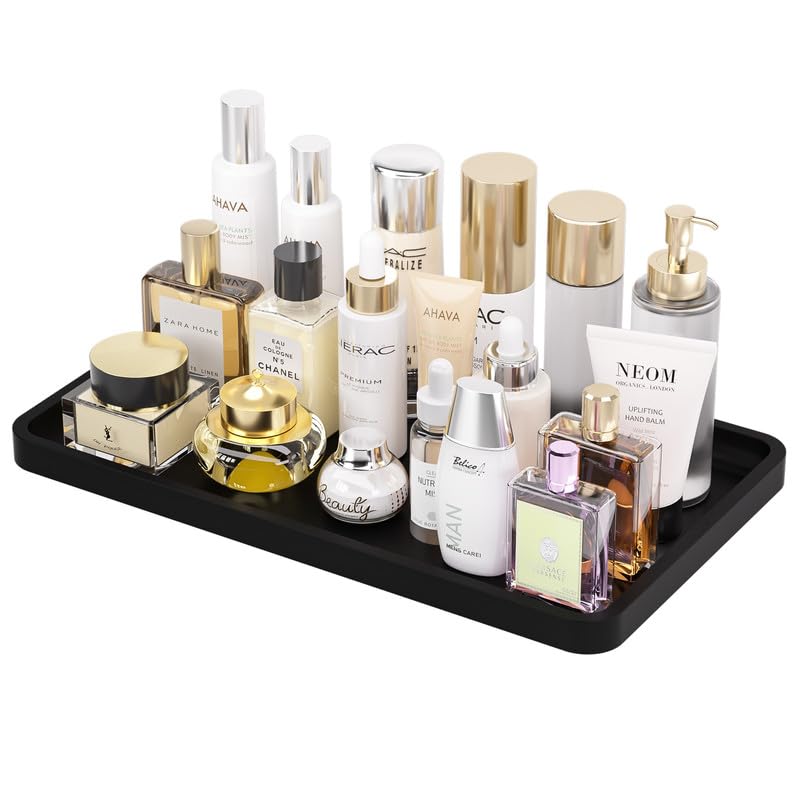 Weenson Black Bathroom Vanity Tray for Countertop Decor Perfume Makeup Toiletries Toilet Tank, Large Bamboo Kitchen Tray for Spice Salt, Serving Tray for Food Coffee, Nightstand Candle 14.2”x8.3” - color: Black, size: 14.2" x 8.3" x 0.8"