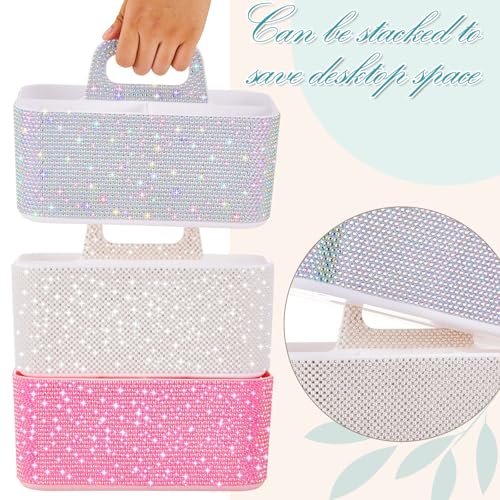 Marspark Bling Makeup Caddy Organizer with Handle, Sparkly Art Craft Holder, Glitter Bathroom Hair Caddy, Shimmer Pen Pencil Holder for Women Desk Organizer, Bling Gifts for Women(White,AB Diamond) - color: White, style: AB Diamond