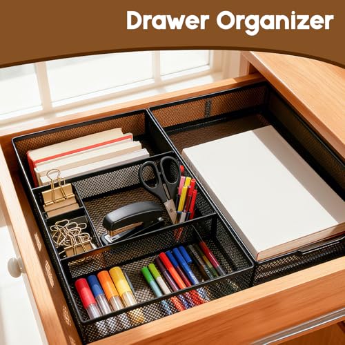 Yummy Sam 2 Pack Desk Drawer Organizer Tray, Office Drawer Organizer Tray with 2 Dividers, Metal Mesh Drawer Organizers for Desk, Desktop, Office Supplies, 12.2X8.8x2.1Inches