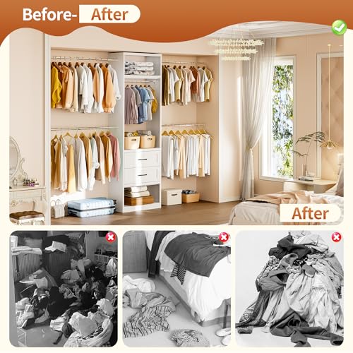 79"H Closet System, 2-8.2FT Metal Closet Organizer with 4 Expandable Hanging Rods, Walk In Closet Organizers and Storage, Clothes Closet with 5 Hanging Zones, 2 Drawers, 2 Shelving Towers