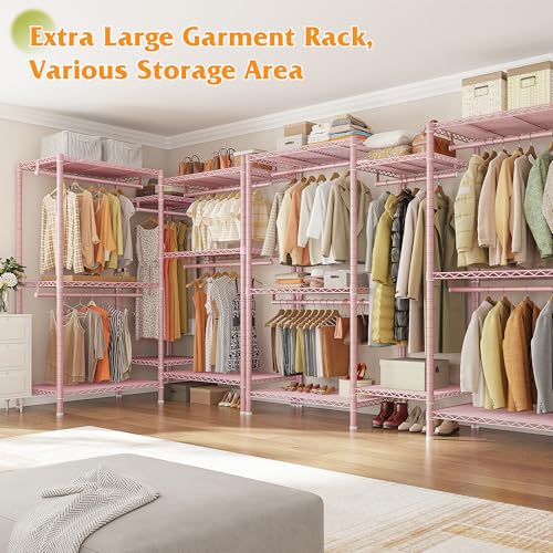 Raybee Clothes Rack, Clothing Racks for Hanging Clothes, L Shaped Clothing Rack for Corner 900LBS Heavy Duty Clothes Rack Garment Rack 74.5" W X 18" D X 77" H, Pink - color: Pink, style: Large Clothes Rack
