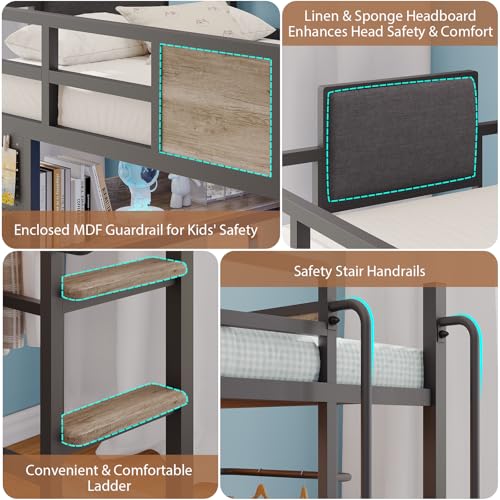 Dnxao Twin Loft Bed with Desk and 5 Storage Drawers,Loft Bed Twin Size with LED Lights and Charging Station, Metal Bunk Bed Frame with Ladder, Clothes Rail,Noise Free,Oak Gray - color: Oak Gray, size: Twin loft bed with 5 drawer