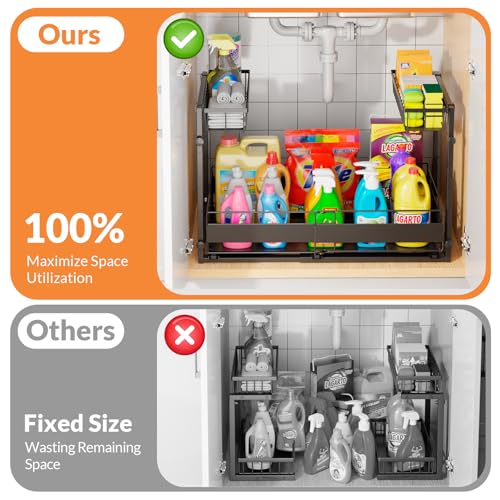 Expandable Under Sink Organizer with 5-Level Height Adjustment,2 Tier Under Sink Organizer Pull-Out Under Sink Drawers Cabinet Organizer for Kitchen & Bathroom Storage,Black,Large - size: large