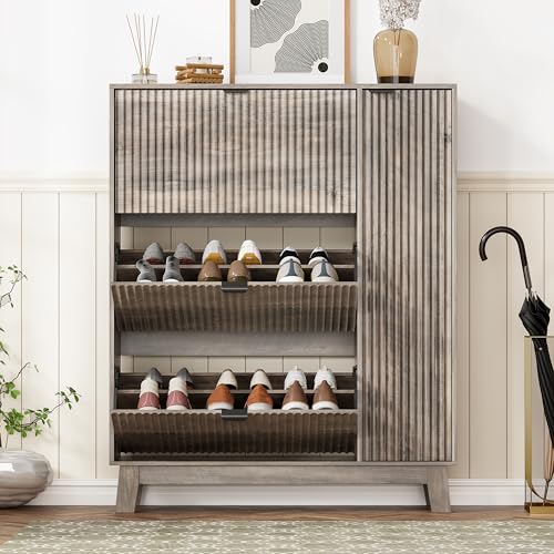 Shoe Cabinet Storage for Entryway with 3 Flip Drawers & Side Cabinet, Fluted Narrow Shoe Organizer with Wooden Leg, Freestanding Shoe Storage Hidden Shoe Rack Organizer for Front Door Entrance, Grey - color: Grey, size: 3 Drawer with Door