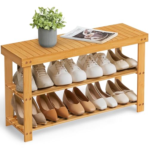 SONGMICS Shoe Rack Bench, 3-Tier Bamboo Shoe Storage Organizer, Entryway Bench, Holds Up to 286 lb, 11.3 x 35.4 x 17.8 Inches, for Entryway Bathroom Bedroom, Natural ULBS90N - color: Natural, size: 35.4"W