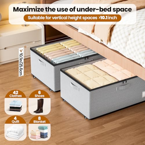 Dayacoco Underbed Storage with Wheels, 2 Pack Under Bed Storage Containers with Clear Lids, No Assembly Required 10.1 inch Rolling Under Bed Storage for Clothes, Grey - size: 10.1 inch height-grey