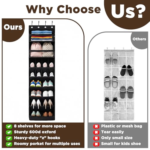 8 tiers Door Shoe Organizer, Multifunction Over the Door Hanging Shoe Rack with Oxford Fabric Deep Pockets, 66.9 x 16.5 x 5.9 Inches Storage Organizer (Black)