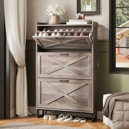 Maupvit Shoe Storage Cabinet with 3 Flip Drawers, Freestanding Organizer with Metal Legs for Entryway, Narrow Shoe Rack Cabinet, Washed Gray - color: Washed Gray, style: 3-Drawers