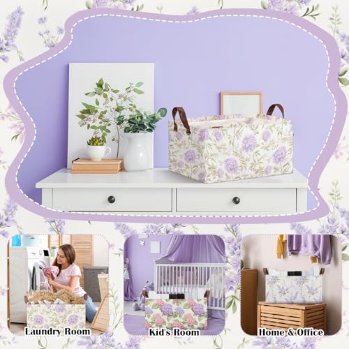 Boao 3 Pcs Purple Floral Storage Bin Wildflowers Collapsible Large Storage Baskets for Gifts Canvas Laundry Basket Foldable Box with Handle for Office Home Bedroom Clothes - style: Purple Flowers