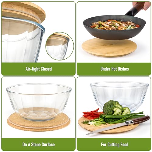 Large Stackable Set of 5 Nesting Glass Bowls with Bamboo Lids for Foodprep, Storage, Baking, Sourdough Mixing & Cooking. Microwave & Oven Safe Heat Resistant Inert Borosilicate Glass - color: 5 Mixing Bowls with Bamboo Lids (Diamond)