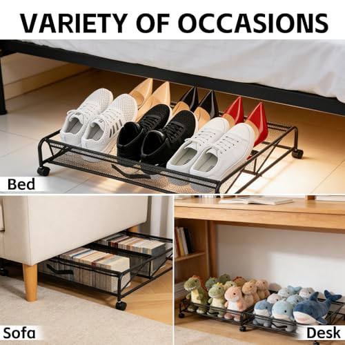 Under Bed Shoe Storage Organizer, 2-Pack Metal Mesh Storage Drawers with Wheels – Rolling Underbed Shoe Organizer for Space Saving Bedroom Organization (Black)