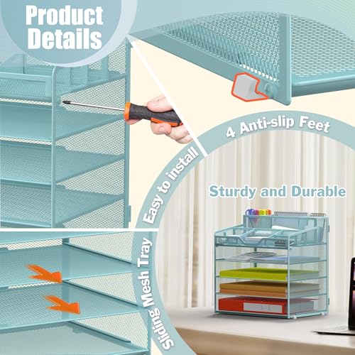 Docnest 5 Tier Mesh Desk Organizer for Paper Office Supplies – Multi-Functional Letter Tray with 5 Adjustable Compartments, 3 Pen Holders, Desktop Storage for Files, Mail, Stationery – Blue - color: Blue, size: 12.7" x 9.1" x 13.2"