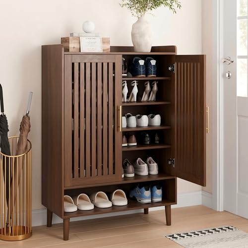 Smart FENDEE 6-Tier Large Shoe Storage Cabinet with 2 Doors, Freestanding Shoe Cabinet with Adjustable Shelves, Hidden Entryway Shoe Organizer for Hallway, Foyer, Walnut - color: Walnut, size: 44" H