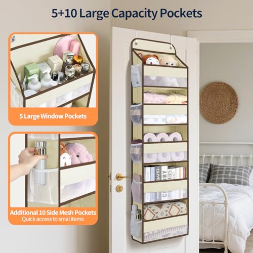 Yecaye Over The Door Organizer Storage, 5-Tier Heavy Duty Door Organizers Hanging with 10 Side Mesh Pockets, 44 lbs Load Capacity Behind Door Storage for Bathroom Nursery Bedroom Dorm Closet,Beige,1Pc - color: Beige, size: 5 Tier