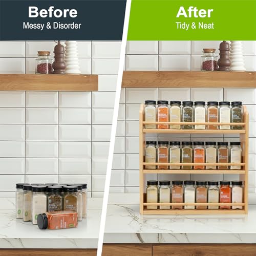 3 Tier Bamboo Spice Rack, Spice Rack Organizer, Seasoning Jars Rack Shelf Spice Organizer for Kitchen Counter or Wall Mounting, Spice Storage Holder with handles, Jars Not Included,Natural - color: Natural with Handles