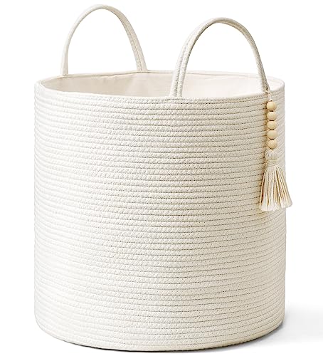Mkono Tall Laundry Basket Woven Decorative Rope Storage Basket Wooden Bead Decoration for Blankets Toys Clothes Shoes Organizer Bin with Handles Living Room Home Decor, 15" W x 17.7" L, White - color: White, size: 15"W x 17.7"L