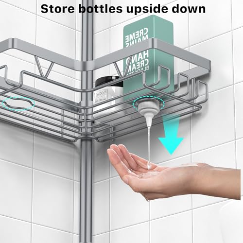 KEGII 4-Tier Corner Shower Caddy Tension Pole - Adjustable Shower Tension Rod Organizer, Floor to Ceiling Shower Caddy 25-114.2 inch, Shower Towel Rack Corner Waterproof, Light Gray - style: Tension Caddy - Light Gray