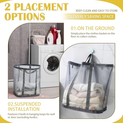 Mesh Laundry Basket, Hanging Laundry Hamper for Wall Door with Handles, Breathable Foldable Beach Bag Space-saving Travel Tote (2Pack, Grey) - color: Grey