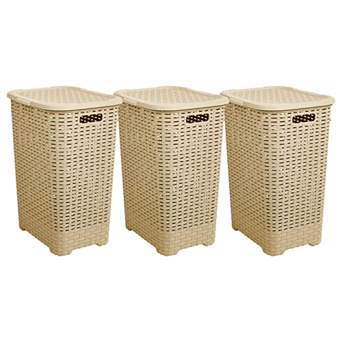 Plastic Laundry Hamper with Lid 3 Pack Laundry Hamper Basket, Beige Tall Cloths Hamper Organizer with Cut-out Handles. Space Saving for Laundry Room Bedroom Bathroom, Wicker Design 60 Liter - color: Beige, size: 3-pack