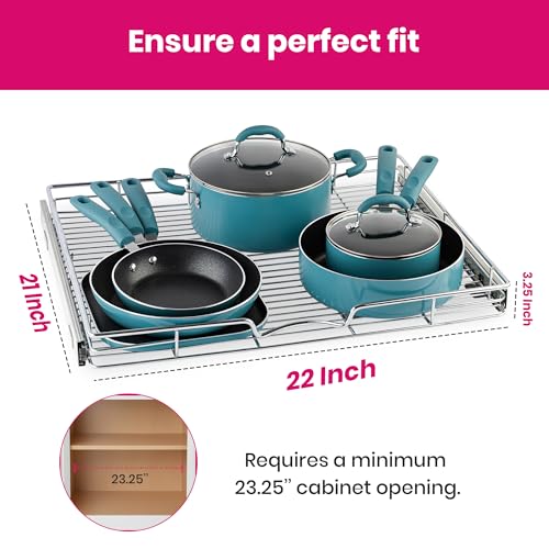 HOLDN’ STORAGE Pull Out Cabinet Organizer, Heavy Duty Caddy w/Lifetime Limited Warranty -22”W x 21”D - Requires At Least 23-1/4” Cabinet Opening, Steel Metal Cabinet Drawers Slide Out, Chrome - size: 22"W x 21"D