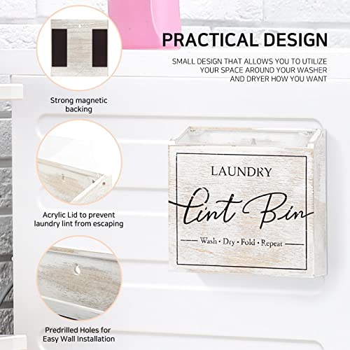 J JACKCUBE DESIGN Magnetic Lint Bin for Laundry Room, Lint Basket Container, Trash Can Box, Organizer, Storage for Washer and Dryer Supplies- White Washed Rustic Wood Wall Mount- MK904A