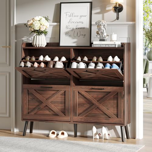 Maupvit Large Shoe Storage Cabinet with 4 Flip Drawers, Narrow Shoe Cabinet for Entryway with Wooden Legs, Freestanding Hidden Shoe Rack Organizer ＆ Metal Hinges, Walnut - color: Dark Walnut, style: 4-Drawers