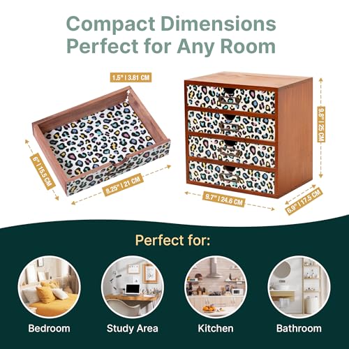 Colorful Leopard Print Wooden Desk Organizer - 4-Drawer Desktop Storage Cabinet for Office Supplies, Craft Tools & Home Organization - Trendy Wood Design for Crafters, Art Enthusiasts, Students - color: Multi-Color Leopard