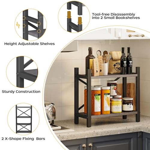 Desktop Bookshelf, 4-Tier Stackable Narrow Bookcase, Adjustable Industrial Desk Organizer & Hutch - Rustic Brown Wood Desktop Book Organizer for Living Room, Bedroom & Home Office - color: Grey