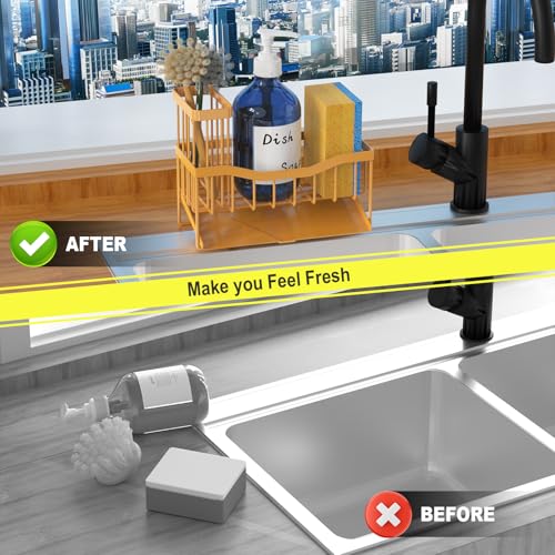 Fssvcd Maifan Sink Caddy Sponge Holder for Kitchen with Brush Holder and Stainless Steel Self Drain Tray, Rustproof Kitchen Sink Organizer for Sponge, Soap Dispenser Storage Accessories - color: Dark Gold Yellow