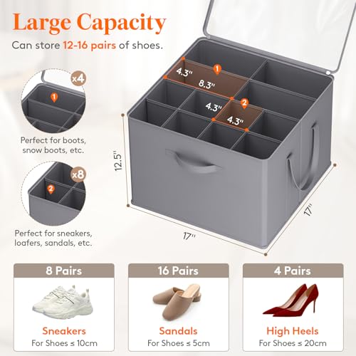 Lifewit Shoe Storage Organizer for Closet, Fabric Large Shoe Box Storage Containers with Clear Cover, Foldable Bins for Boots Heels Sneakers Fits 12-16 Pairs, 1 Pack Gray - color: Gray