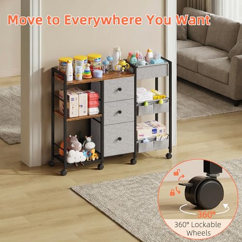 GYIIYUO Diaper Caddy Cart with Storage Fabric Drawers/Open Shelves, Baby Caddy Organizer, 3-Tier Rolling Utility Cart on Wheels for baby nursery essentials,bedside,makeup(Rustic Brown)