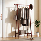 Tangkula Folding Rubber Wood Clothes Hanging Rack, Standing Garment Rack with Bottom Storage Shelf, Portable Clothing Organizer for Bedroom and Entryway (Walnut)