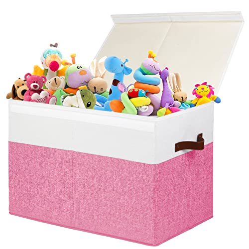 Gowee Large Toy Box with Lid, Sturdy Toy Storage Chest Bin Boxes Organizer Basket with Dividers for Toddlers, Kids, Boys, Girls, Nursery, Closet, Bedroom, Playroom 25"x13" x16" (Pink and White) - color: Pink and White, size: 25"x13" x16"