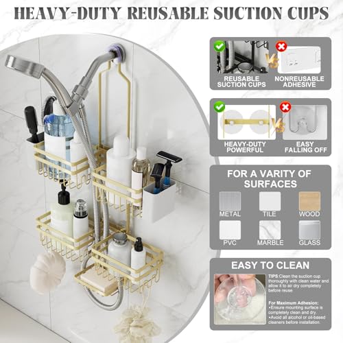 Shower Caddy Hanging for Bathroom Organizers and Storage - 3-Tier Adjustable Anti-Swing Shower Organizer Hanging with Heavy-Duty Suction Cups, Damage-Free Rustproof (Gold) - color: GOLD, size: width