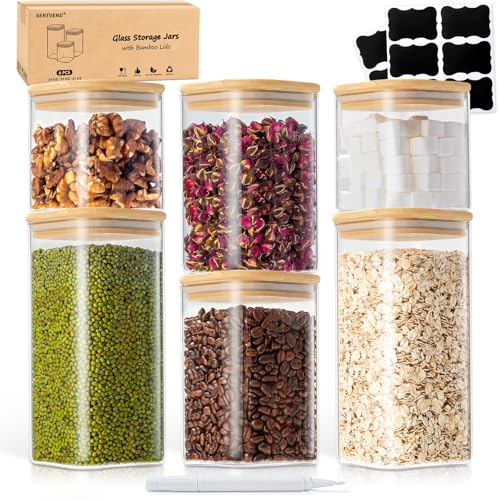 SENTVEND 24 Oz/ 37 Oz/ 51 Oz Glass Storage Jars with Bamboo Lids - 6 Pack Clear Glass Canisters Square Airtight Stackable Ideal for Pantry Storage Containers Great for Cereal Coffee Beans Snacks etc - color: 24/37/51 OZ-Clear