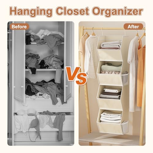 Hanging Closet Organizer 4 Shelf Collapsible Fabric Closet Organizers and Storage Hanging with Mesh Pocket for Clothes, Hanging Wardrobe Organizers and Storage for Sweater T-Shirt Shoes Toys, Beige - color: Beige-1 Pack, size: 4-shelf