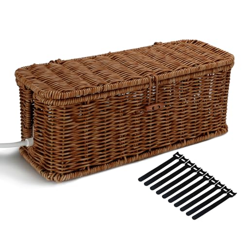 Cable Management Box, Desk Handwoven Rattan Cord Hider Cable Organizer Box With Lid Button Lock, Power Strip Cover Wicker Decorative Basket, Floor Wire Hiding Extension Cord Box (dark brown) - color: Brown