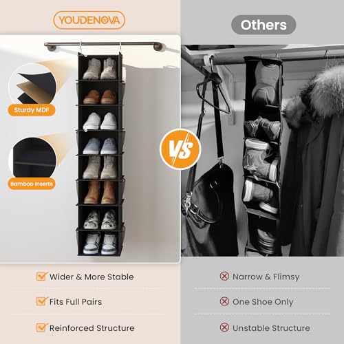 YOUDENOVA Upgraded Extra Wide Hanging Shoe Organizer for Closet, 8-Shelf Storage Organizer with 8 Side Pockets, Hanging Shoe Rack for Hats Clothes Jeans, Black - color: Black, size: 1 Pack