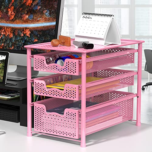 Simple Houseware Stackable 3 Tier Sliding Basket Organizer Drawer, Pink - color: Pink, size: 3-Tier
