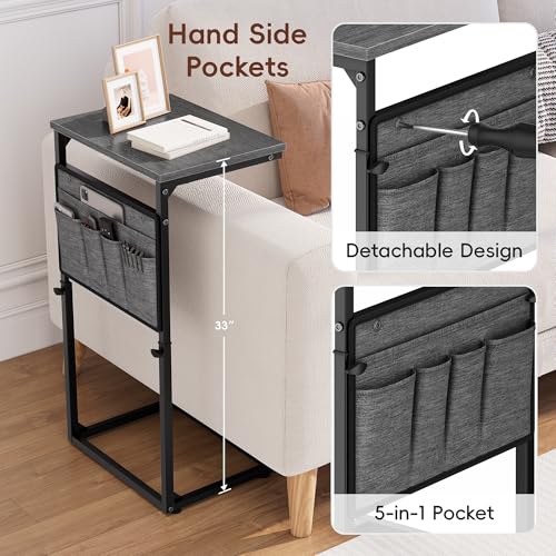 Vagusicc C Shaped End Table, 32'' Tall Side Table for Couch, Adjustable Height Small Couch Side Table for Small Spaces, C Table Slide Under Sofa Table TV Tray Arm Table for Living Room Bedroom - color: Charcoal Gray