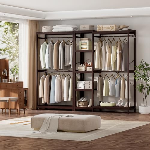 Homykic Bamboo Clothes Rack with Shelves and Double Hang Rods, Portable Closet System Garment Rack for Hanging Clothes, Tall Clothing Rack Corner Closet Organizer, Easy to Built, Espresso - color: Espresso, size: Standard