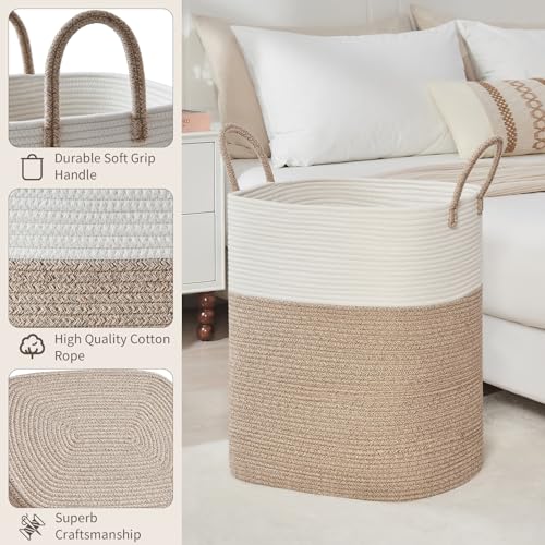 AINUOQI Laundry Basket with Handles - Blanket Basket & Hampers for Bedroom Aesthetic, Laundry Hamper & Blanket Storage for Living Room, Clothes Hamper, Tall, Large 17" x 14" x 26”, White & Rice Brown - color: White & Rice Brown, size: 85L