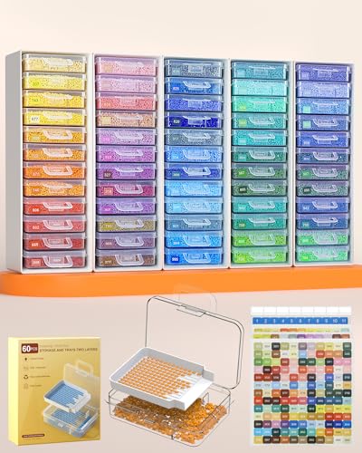 Redtwo 60pcs Diamond Painting Storage Containers Trays with Two Layers, 3-in-1 Diamond Painting Trays with Lids, Diamond Art Accessories, Diamond Art Drills Storage & Line-Up - style: 60-PCS