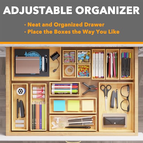 SpaceAid 14-Piece Bamboo Drawer Organizer Storage Boxes Set, Wood Tray Junk Drawer Organizers Multi-Use Divider Bins for Kitchen, Bathroom, Office Desk and Makeup Organization (14 Pack, Natural) - color: Natural