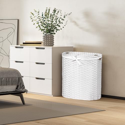 Seville Classics Premium Handwoven Portable Laundry Bin Basket with Carrying Handles, Household Storage for Clothes, Linens, Sheets, White, Oval Hamper - color: White, size: Oval Hamper (1-Pack)