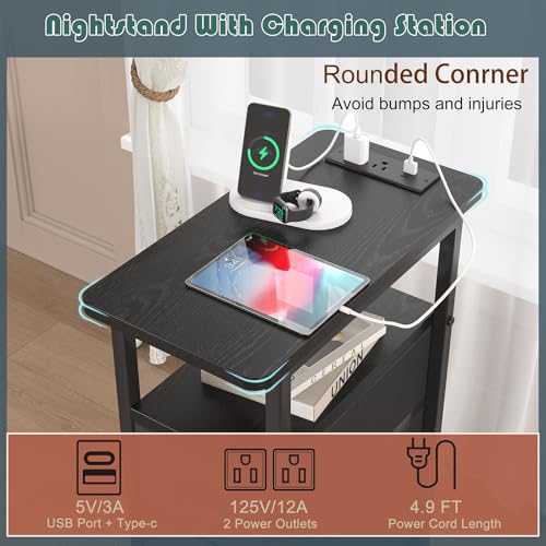 sthmec End Table with Charging Station,LED Side Tables with USB Ports and Outlets,Skinny Bedside Tables with 3 Drawers,Small Tabls Nightstands for Small Space,Slim Sofa Table for Livingroom,Black - color: Black, size: 7.88'' W*15.75'' D*24.3'' H, style: P