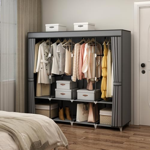 MOGELAFOO Portable Closet Wardrobe, 67-Inch Clothes Organizer with 4 Hanging Rods and 8 Shelves, Non-Woven Fabric Cover, Large Capacity Storage for Bedroom and Living Room, Grey - color: Grey, size: 67"W x 18"D x 66"H